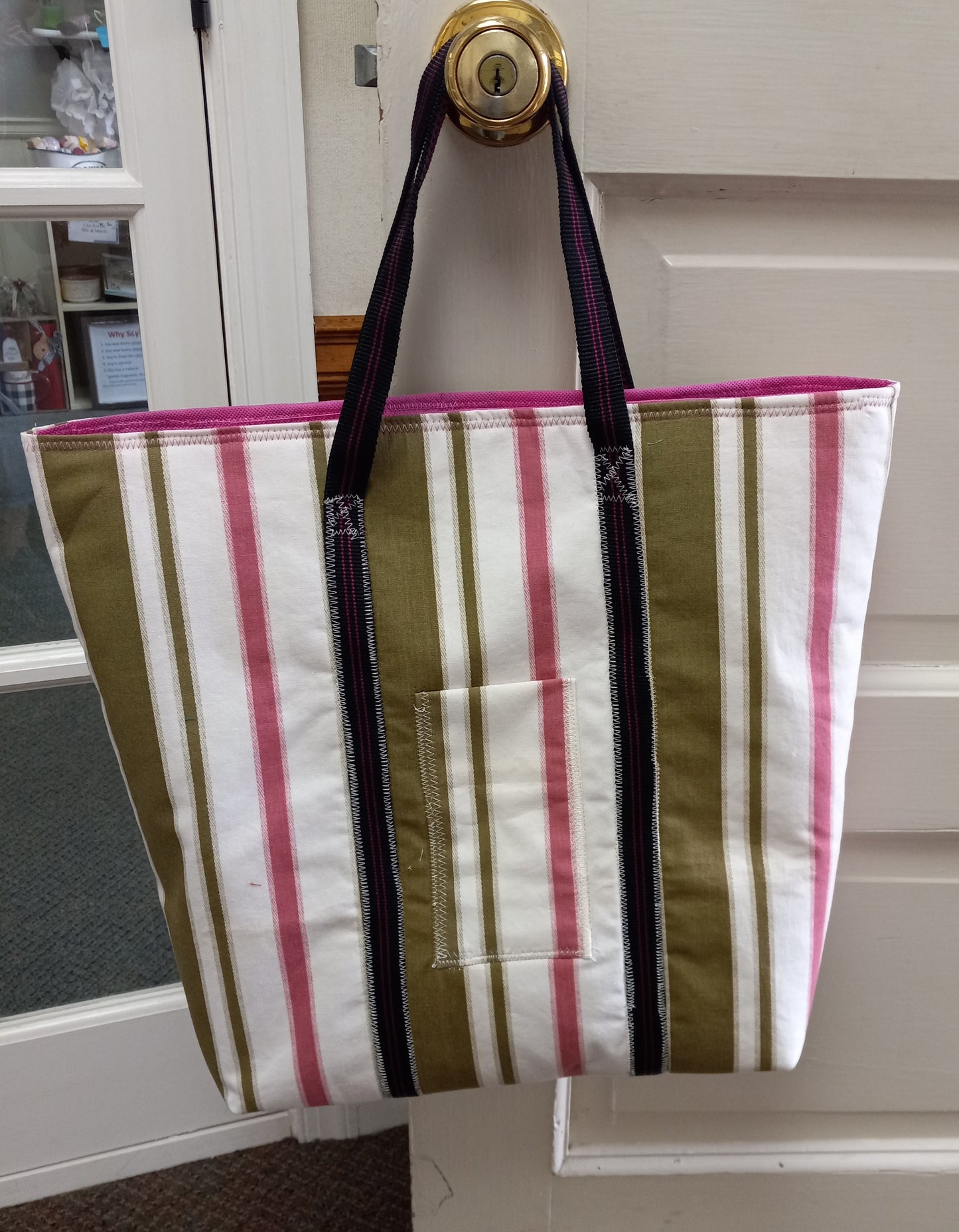 Grocery Tote, Pink and Green Stripe