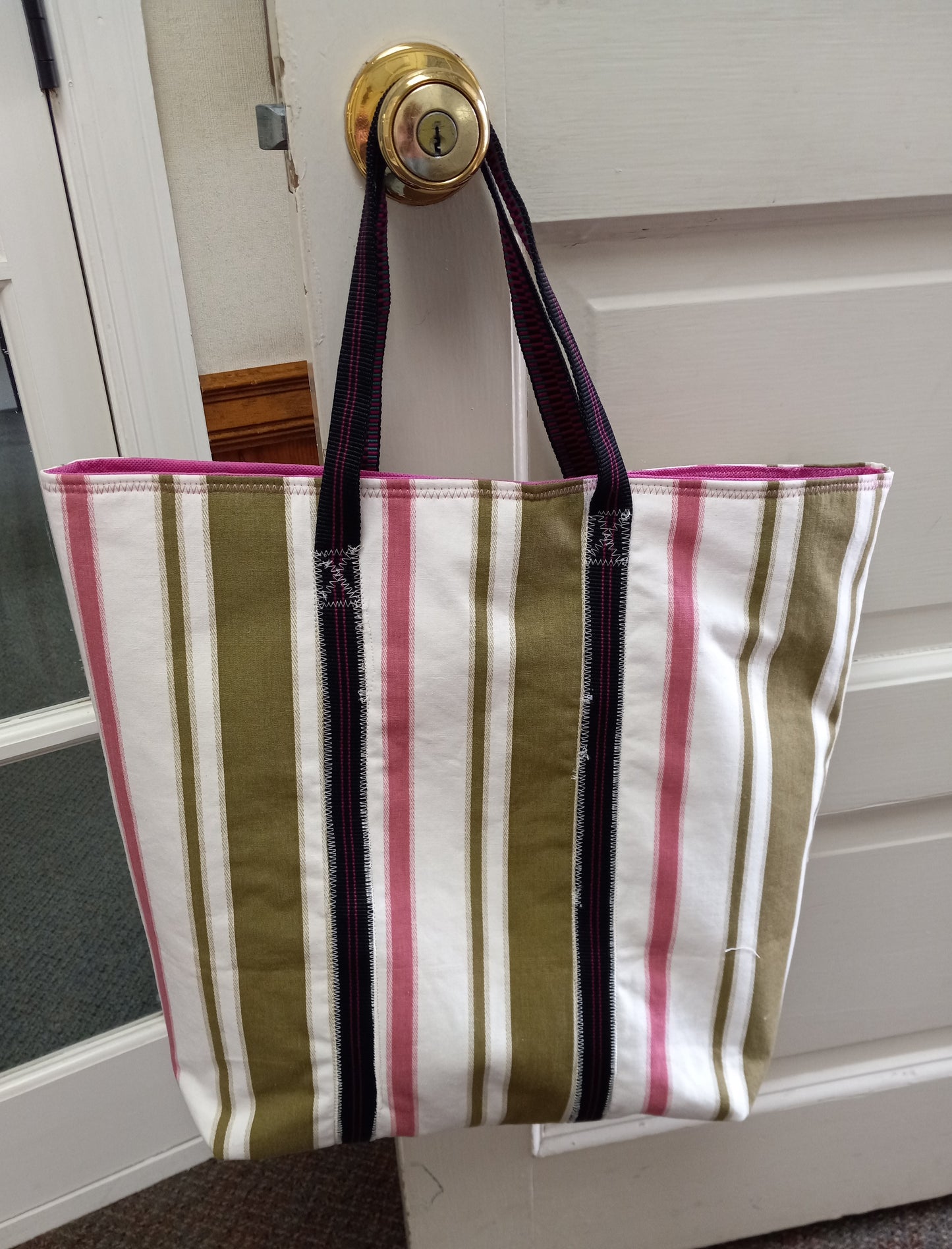 Grocery Tote, Pink and Green Stripe