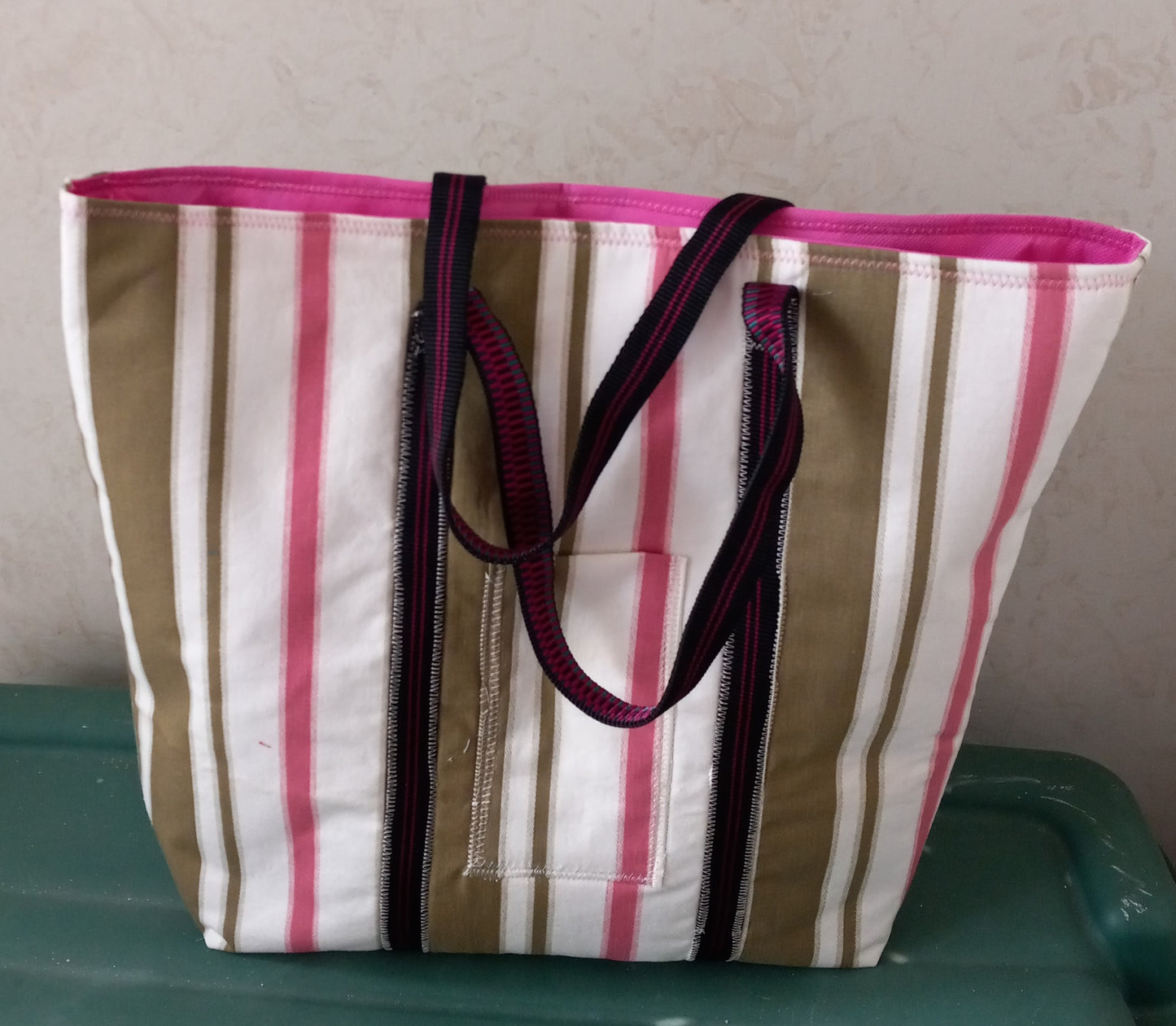 Grocery Tote, Pink and Green Stripe